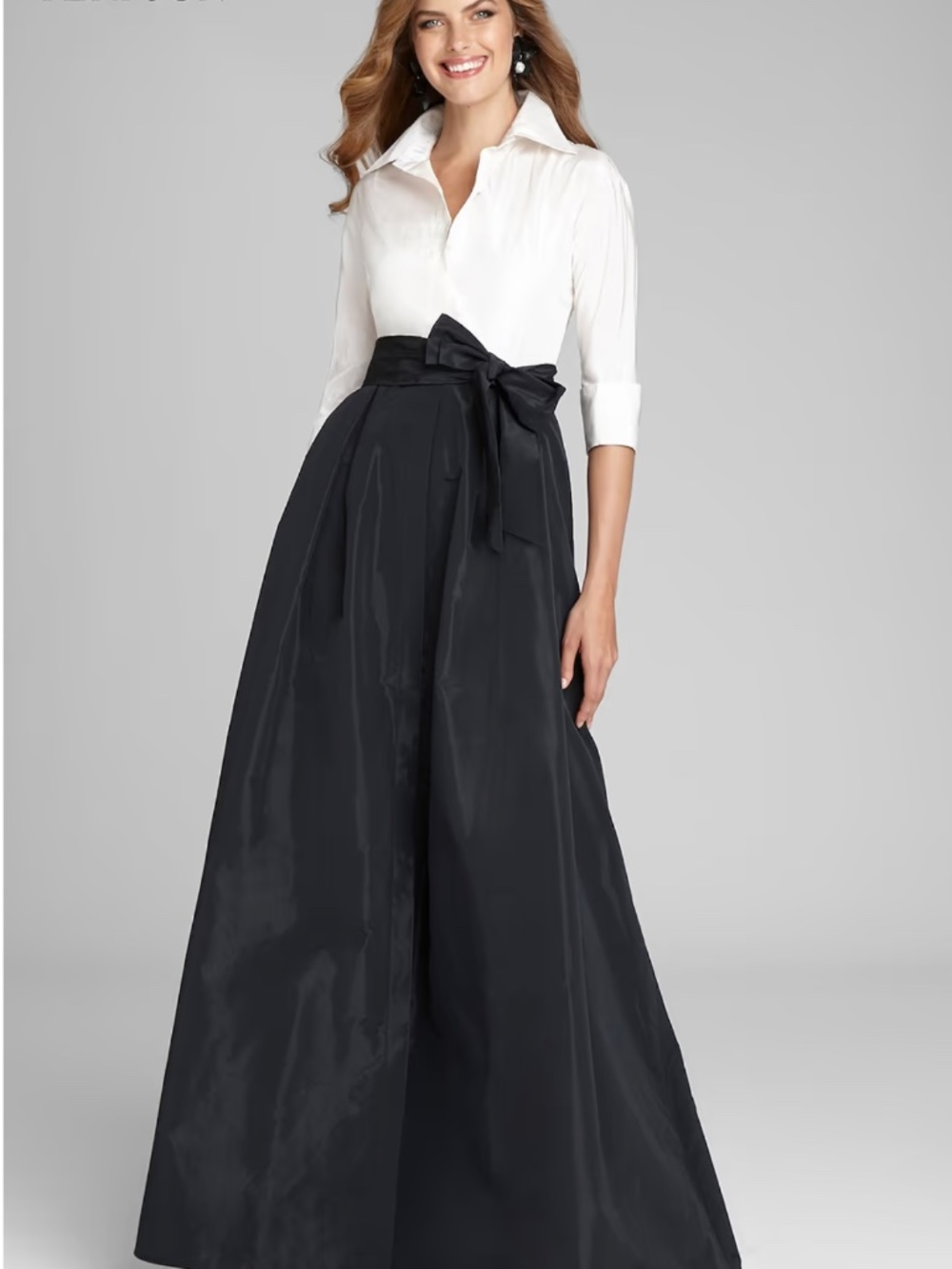 Teri Jon by Rickie Freeman - 3/4 Sleeve Black & White Taffeta Shirt Block Gown
